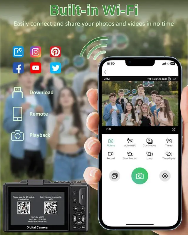 Alt view image 4 of 6 - 5K Digital Camera for Photography, 75MP WiFi Vlogging Camera for YouTube, 18X Zoom UHD Autofocus, 3" 180° Flip Screen, Video Camera with 32GB SD Card & 2 Batteries