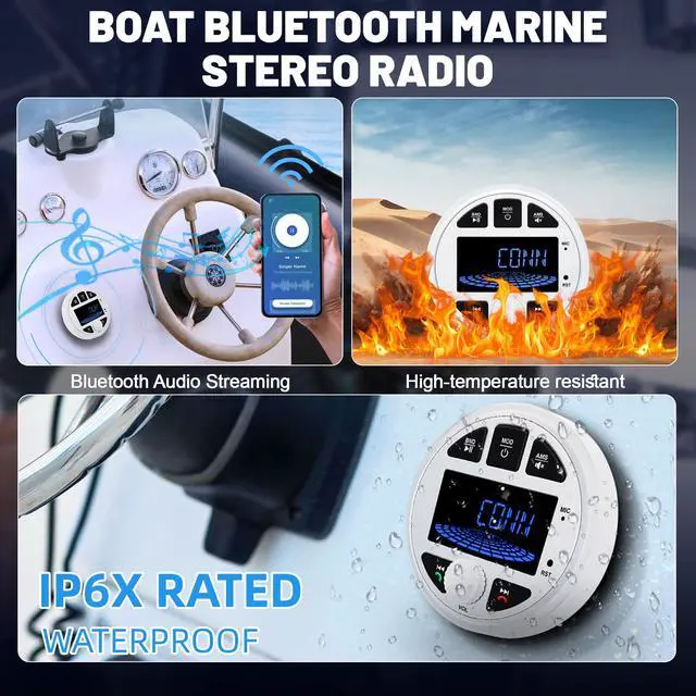 Alt view image 2 of 6 - Marine Radio Bluetooth Stereo Audio Waterproof Boat Radio with FM AM USB AUX Subwoofer, 3 Inch LCD Display Golf Cart Marine Stereo Receivers Audio Systems for RV UTV Yacht White