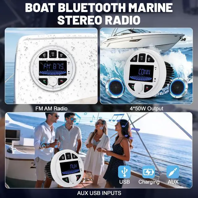 Alt view image 3 of 6 - Marine Radio Bluetooth Stereo Audio Waterproof Boat Radio with FM AM USB AUX Subwoofer, 3 Inch LCD Display Golf Cart Marine Stereo Receivers Audio Systems for RV UTV Yacht White