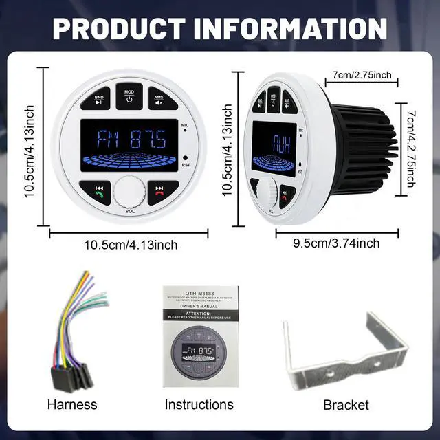 Alt view image 4 of 6 - Marine Radio Bluetooth Stereo Audio Waterproof Boat Radio with FM AM USB AUX Subwoofer, 3 Inch LCD Display Golf Cart Marine Stereo Receivers Audio Systems for RV UTV Yacht White