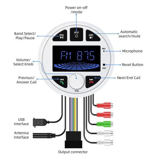 Alt view image 5 of 6 - Marine Radio Bluetooth Stereo Audio Waterproof Boat Radio with FM AM USB AUX Subwoofer, 3 Inch LCD Display Golf Cart Marine Stereo Receivers Audio Systems for RV UTV Yacht White