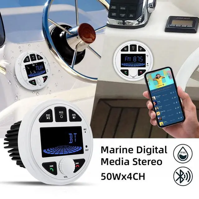 Alt view image 6 of 6 - Marine Radio Bluetooth Stereo Audio Waterproof Boat Radio with FM AM USB AUX Subwoofer, 3 Inch LCD Display Golf Cart Marine Stereo Receivers Audio Systems for RV UTV Yacht White