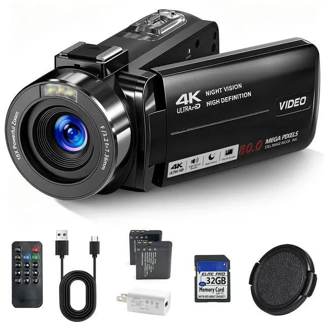 Main image of 4K Camcorder Video Camera, 80MP HD Vlogging Camera for YouTube with IR Night Vision, 18X Digital Zoom, 3.0" IPS Screen, SD Card, 2 Batteries