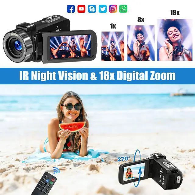 Alt view image 3 of 6 - 4K Camcorder Video Camera, 80MP HD Vlogging Camera for YouTube with IR Night Vision, 18X Digital Zoom, 3.0" IPS Screen, SD Card, 2 Batteries