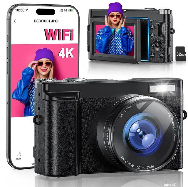 Main image of 4K Digital Camera for Photography, WiFi 64MP 180° Flip Screen 3" Autofocus Vlogging Camera for YouTube, 16X Zoom Compact Point and Shoot Cameras for Beginner with 32GB Card, 2 Batteries