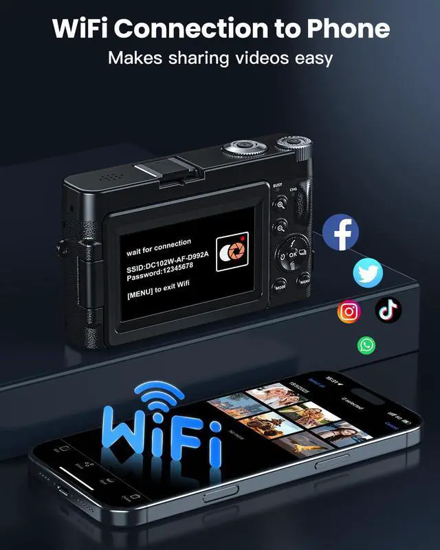 Alt view image 4 of 6 - 4K Digital Camera for Photography, WiFi 64MP 180° Flip Screen 3" Autofocus Vlogging Camera for YouTube, 16X Zoom Compact Point and Shoot Cameras for Beginner with 32GB Card, 2 Batteries