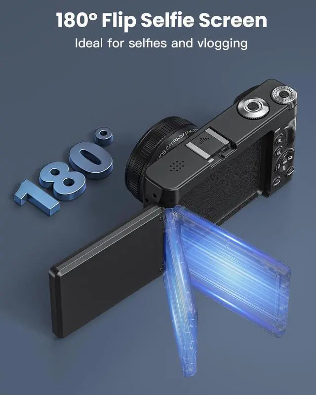 Alt view image 5 of 6 - 4K Digital Camera for Photography, WiFi 64MP 180° Flip Screen 3" Autofocus Vlogging Camera for YouTube, 16X Zoom Compact Point and Shoot Cameras for Beginner with 32GB Card, 2 Batteries