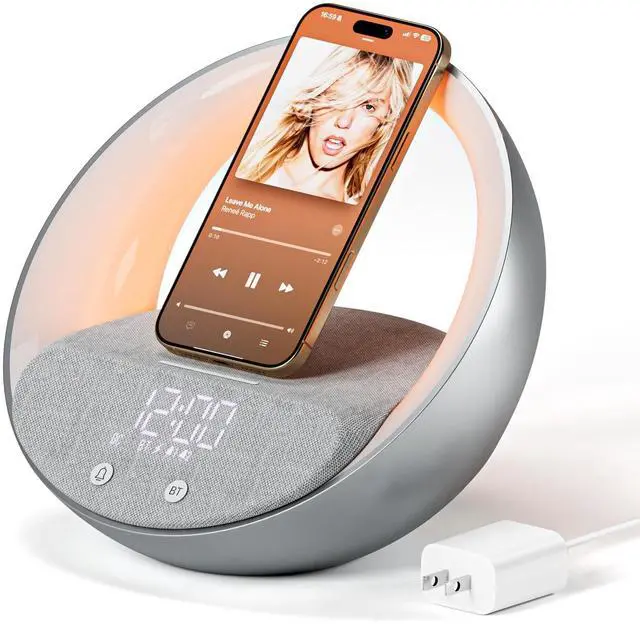 Main image of Bluetooth Alarm Clock, Sunrise Simulation Wake Up Night Light, 15W Fast Wireless Charging Alarm Clock for Bedroom, 10W Bluetooth Stereo Sound Speaker, USB Charger Port