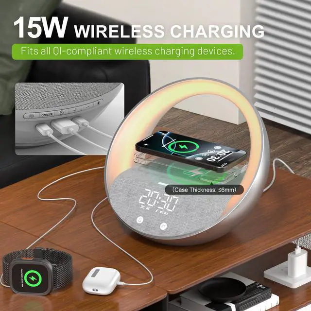 Alt view image 5 of 5 - Bluetooth Alarm Clock, Sunrise Simulation Wake Up Night Light, 15W Fast Wireless Charging Alarm Clock for Bedroom, 10W Bluetooth Stereo Sound Speaker, USB Charger Port
