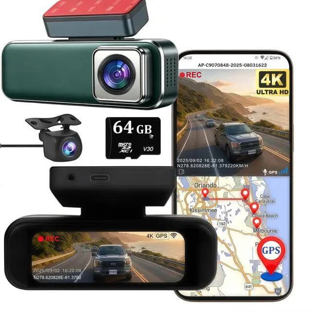 Main image of 4K Dash Cam Front and Rear with GPS WiFi, Dual Car Camera for Uber Lyft Taxi Drivers, 64GB Card, 4K+1080P, HDR Night Vision, 3.19" IPS Screen, Parking Mode, Loop Recording