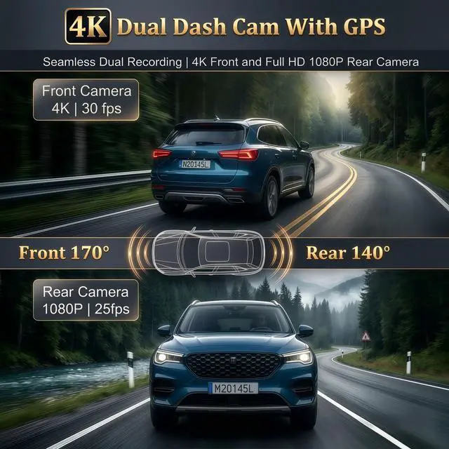Alt view image 3 of 6 - 4K Dash Cam Front and Rear with GPS WiFi, Dual Car Camera for Uber Lyft Taxi Drivers, 64GB Card, 4K+1080P, HDR Night Vision, 3.19" IPS Screen, Parking Mode, Loop Recording