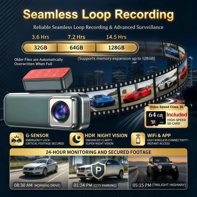 Alt view image 6 of 6 - 4K Dash Cam Front and Rear with GPS WiFi, Dual Car Camera for Uber Lyft Taxi Drivers, 64GB Card, 4K+1080P, HDR Night Vision, 3.19" IPS Screen, Parking Mode, Loop Recording