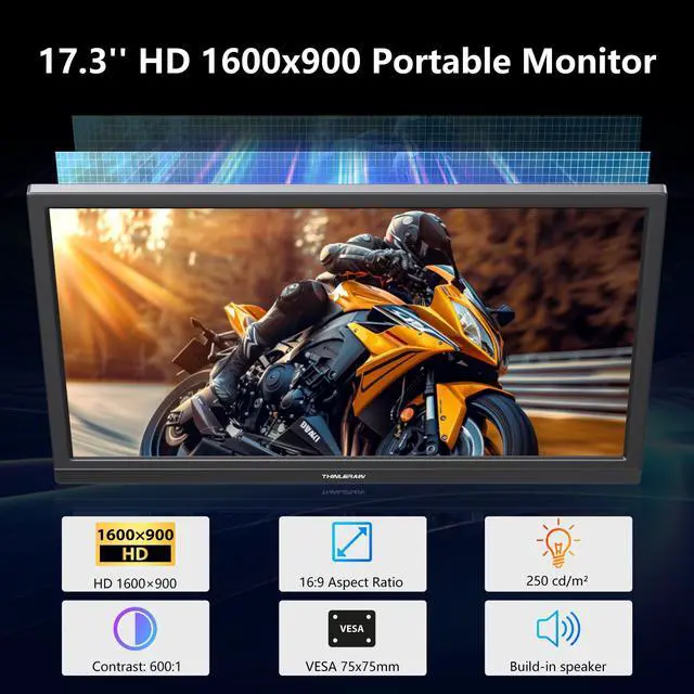 Alt view image 2 of 6 - Thinlerian 17.3 Inch Portable Monitor 1600x900 HD Resolution with USB-C HDMI Dual Speakers, External Display Second Screen for Laptop PC Phone, Travel, Office