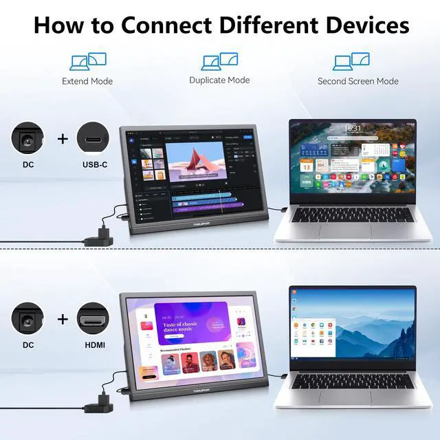 Alt view image 4 of 6 - Thinlerian 17.3 Inch Portable Monitor 1600x900 HD Resolution with USB-C HDMI Dual Speakers, External Display Second Screen for Laptop PC Phone, Travel, Office
