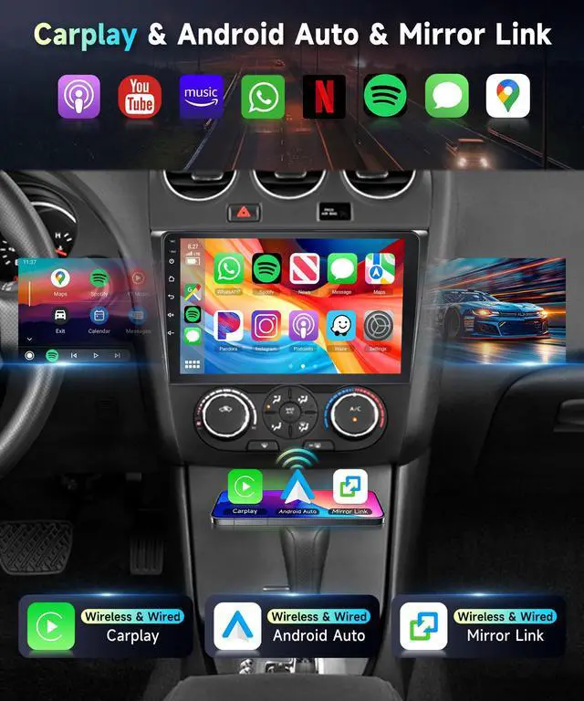 Alt view image 2 of 6 - 5Ghz WiFi Car Radio Stereo for Nissan Altima 2008-2012 (Manual A/C) 2+64G, 9" Touch Screen/Android 15/Wireless CarPlay/Android Auto/DSP EQ/GPS Navigation/Bluetooth/FM/RDS/SWC/HD Backup Camera