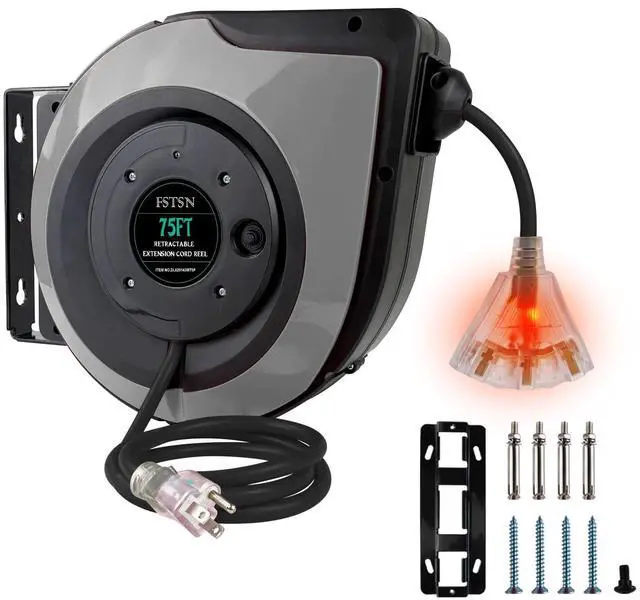 Main image of 75ft Retractable Extension Cord Reel - 14 AWG/3C SJTOW Heavy Duty with 3 Lighted Outlets, 10A Breaker - Wall/Ceiling Mount for Indoor Outdoor Garage, Workshop Grey