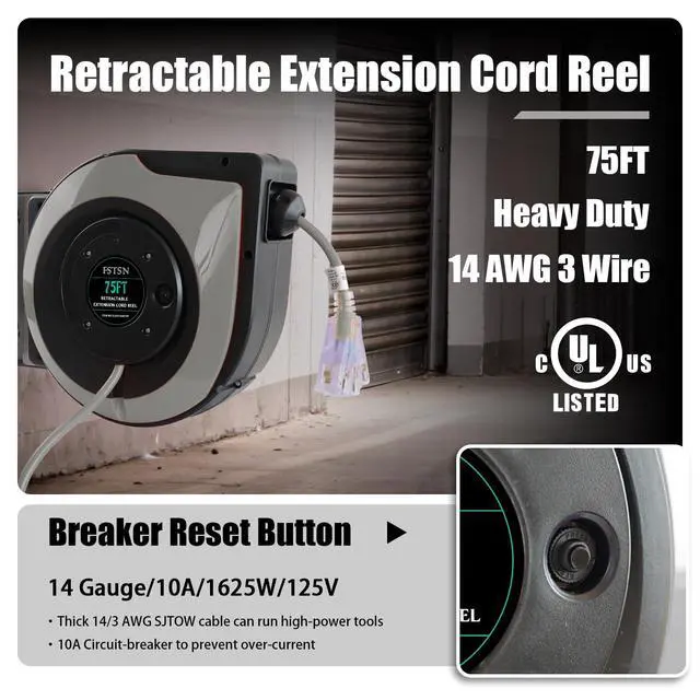 Alt view image 2 of 6 - 75ft Retractable Extension Cord Reel - 14 AWG/3C SJTOW Heavy Duty with 3 Lighted Outlets, 10A Breaker - Wall/Ceiling Mount for Indoor Outdoor Garage, Workshop Grey
