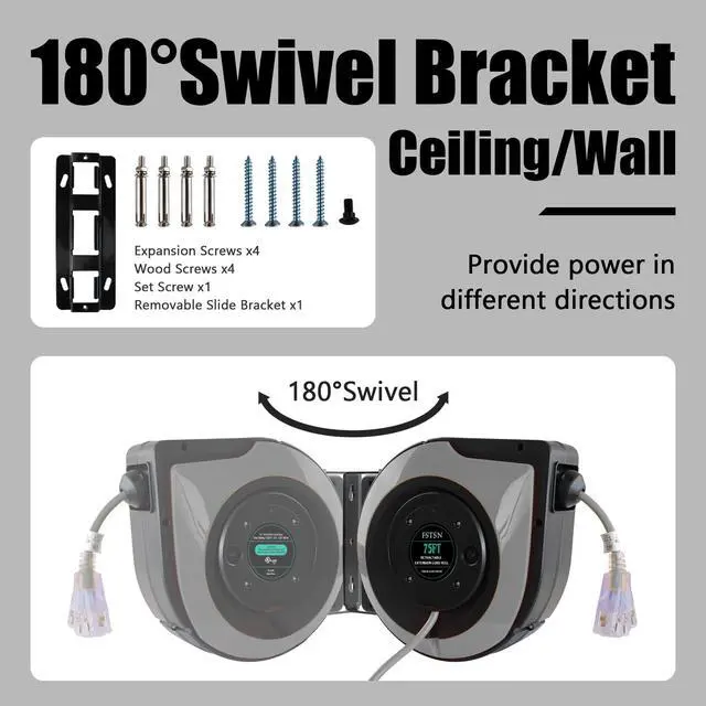 Alt view image 3 of 6 - 75ft Retractable Extension Cord Reel - 14 AWG/3C SJTOW Heavy Duty with 3 Lighted Outlets, 10A Breaker - Wall/Ceiling Mount for Indoor Outdoor Garage, Workshop Grey