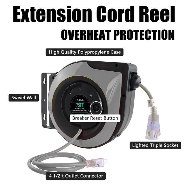 Alt view image 6 of 6 - 75ft Retractable Extension Cord Reel - 14 AWG/3C SJTOW Heavy Duty with 3 Lighted Outlets, 10A Breaker - Wall/Ceiling Mount for Indoor Outdoor Garage, Workshop Grey