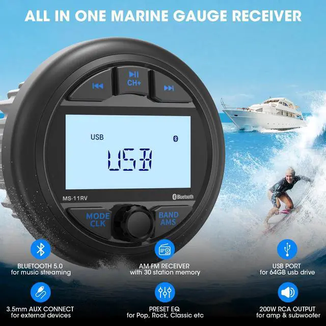Alt view image 3 of 6 - Waterproof Marine Gauge Stereo Receiver - Bluetooth Boat AM FM Radio - 2.8 Inch LCD Display MP3 USB AUX-in Subwoofer Pre-Amp 200 Watts Output