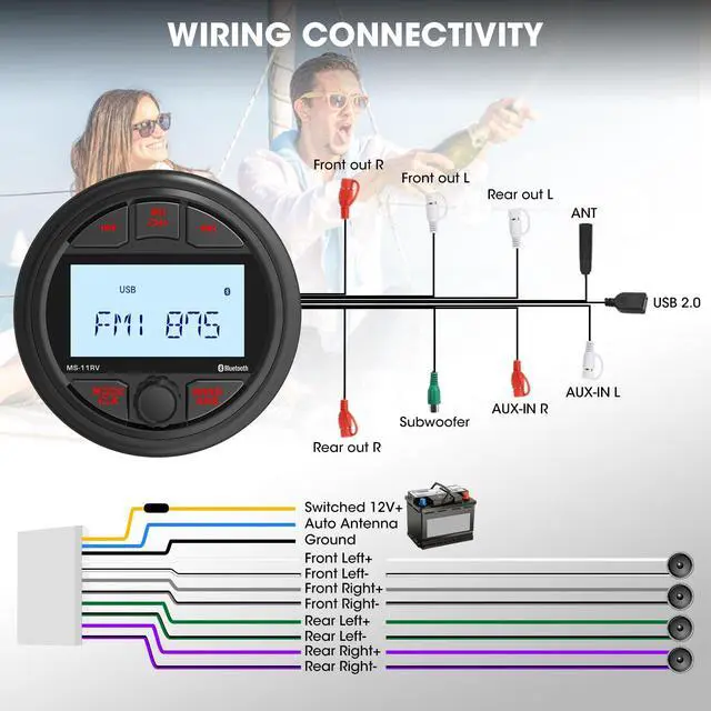 Alt view image 6 of 6 - Waterproof Marine Gauge Stereo Receiver - Bluetooth Boat AM FM Radio - 2.8 Inch LCD Display MP3 USB AUX-in Subwoofer Pre-Amp 200 Watts Output