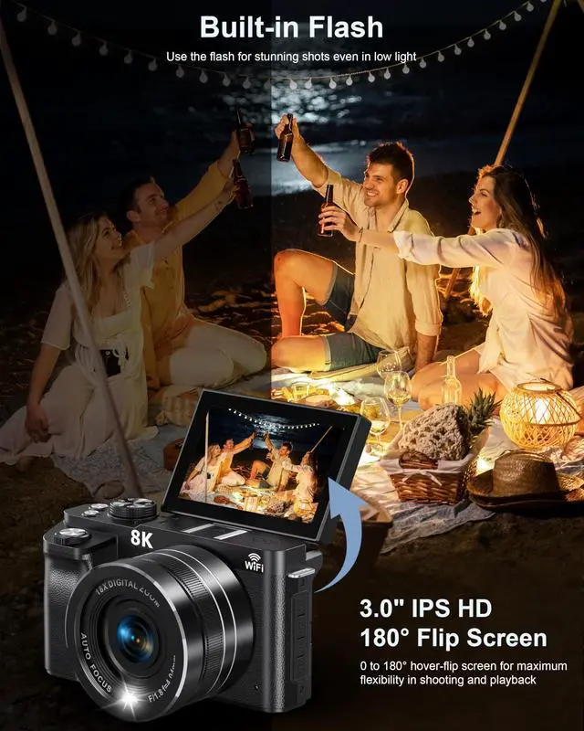 Alt view image 6 of 6 - 8K Digital Camera, 88MP Cameras for Photography, Vlogging Camera for YouTube with 3" 180° Flip Screen, 18X Zoom UHD Autofocus Video Camara with Lens Hood, 64GB Card