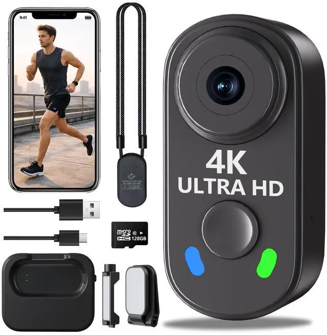 Main image of 4K Mini Body Camera with 128GB Card,Thumb Action Cam with WiFi, 150° Wearable Hands-Free Chest Recording POV Camera - Magnetic Personal Clip On Camcorder for Cycling/Travel/Outoor/Work (Black)