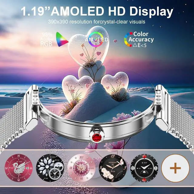 Alt view image 6 of 6 - Smart Watch for Women, 1.19" AMOLED Touchscreen Fitness Watch(Calls/Notifications)3 Straps, 24H Heart Rate/Sleep Monitor/Female Cycle, 120+ Sports Modes, IP68 Waterproof Smartwatch for Android iPhone