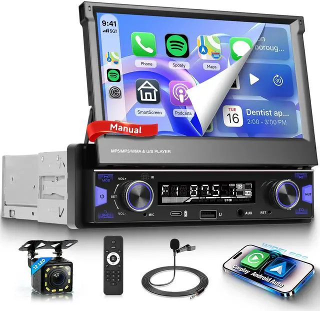 Main image of Single Din Flip Out Touchscreen Radio with AM/FM/RDS Wireless Carplay & Android Auto, 7" Single Din Flip Out Touchscreen Car Stereo with BT SWC Backup Camera Mirror Link USB/AUX/Type-C