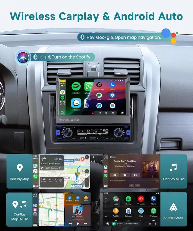 Alt view image 3 of 6 - Single Din Flip Out Touchscreen Radio with AM/FM/RDS Wireless Carplay & Android Auto, 7" Single Din Flip Out Touchscreen Car Stereo with BT SWC Backup Camera Mirror Link USB/AUX/Type-C