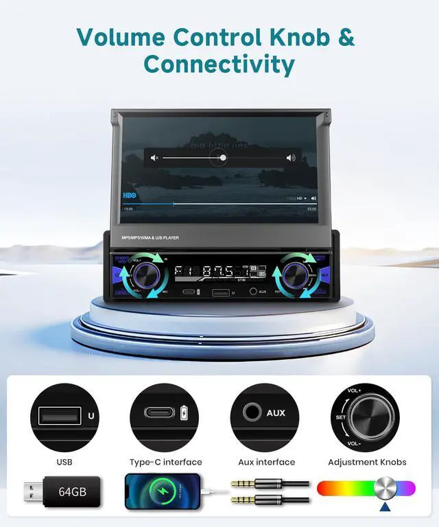 Alt view image 4 of 6 - Single Din Flip Out Touchscreen Radio with AM/FM/RDS Wireless Carplay & Android Auto, 7" Single Din Flip Out Touchscreen Car Stereo with BT SWC Backup Camera Mirror Link USB/AUX/Type-C