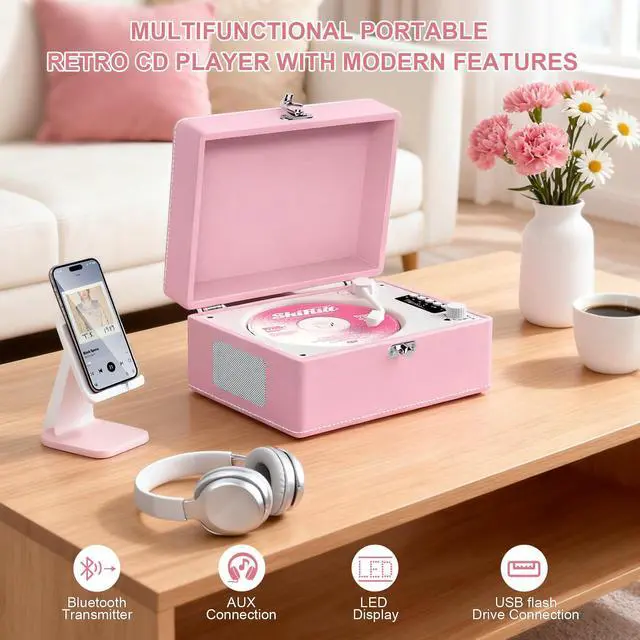 Alt view image 2 of 6 - CD Player Portable Bluetooth, Pink CD Player Leather for Home Music Player, Rechargeable Battery & Built-in Speakers, USB & AUX Playback, Vintage CD Stereo for Home Decor Gift(Light Pink)