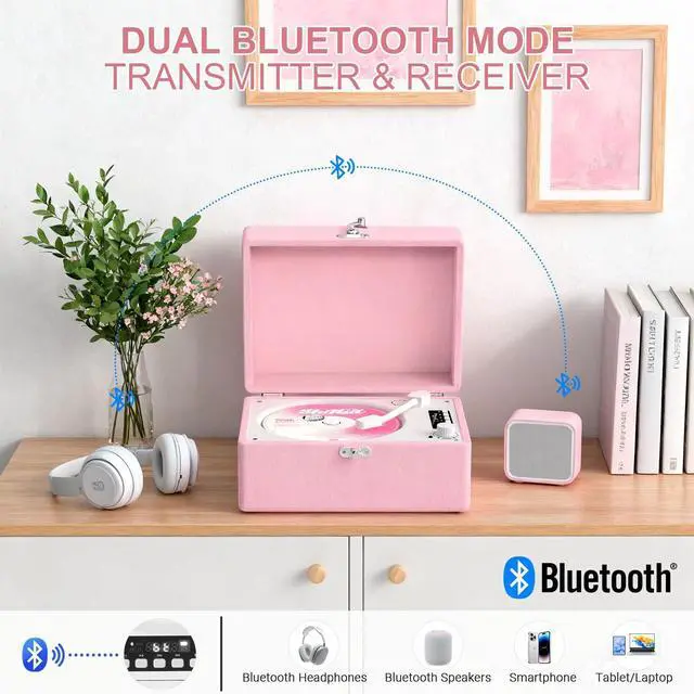 Alt view image 3 of 6 - CD Player Portable Bluetooth, Pink CD Player Leather for Home Music Player, Rechargeable Battery & Built-in Speakers, USB & AUX Playback, Vintage CD Stereo for Home Decor Gift(Light Pink)