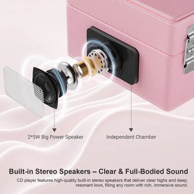 Alt view image 4 of 6 - CD Player Portable Bluetooth, Pink CD Player Leather for Home Music Player, Rechargeable Battery & Built-in Speakers, USB & AUX Playback, Vintage CD Stereo for Home Decor Gift(Light Pink)