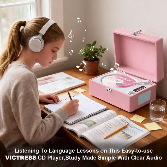 Alt view image 5 of 6 - CD Player Portable Bluetooth, Pink CD Player Leather for Home Music Player, Rechargeable Battery & Built-in Speakers, USB & AUX Playback, Vintage CD Stereo for Home Decor Gift(Light Pink)