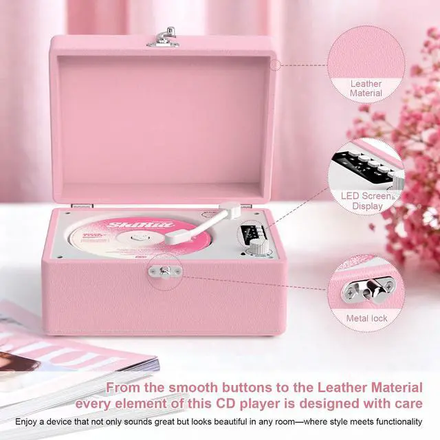 Alt view image 6 of 6 - CD Player Portable Bluetooth, Pink CD Player Leather for Home Music Player, Rechargeable Battery & Built-in Speakers, USB & AUX Playback, Vintage CD Stereo for Home Decor Gift(Light Pink)