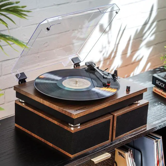 Alt view image 5 of 6 - CR7502A-WA Riff 3-Speed Bluetooth Vinyl Record Player Turntable with Matching Stereo Speakers and 6 Modular Layouts, Walnut | Vinyl Record Player, Matching Stereo Speakers, 6 Modular Layouts
