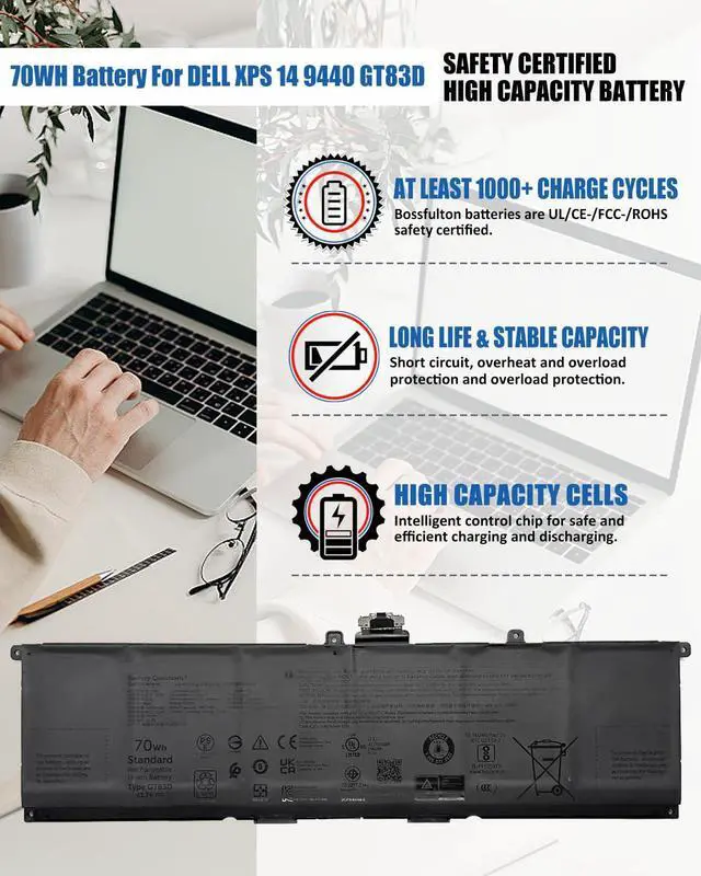 Alt view image 2 of 6 - 70Wh GT83D Battery for Dell XPS 14 9440 Laptop - Compatible with Dell Part Numbers 7T7DY & N80X2-11.7V 5982mAh Replacement Battery