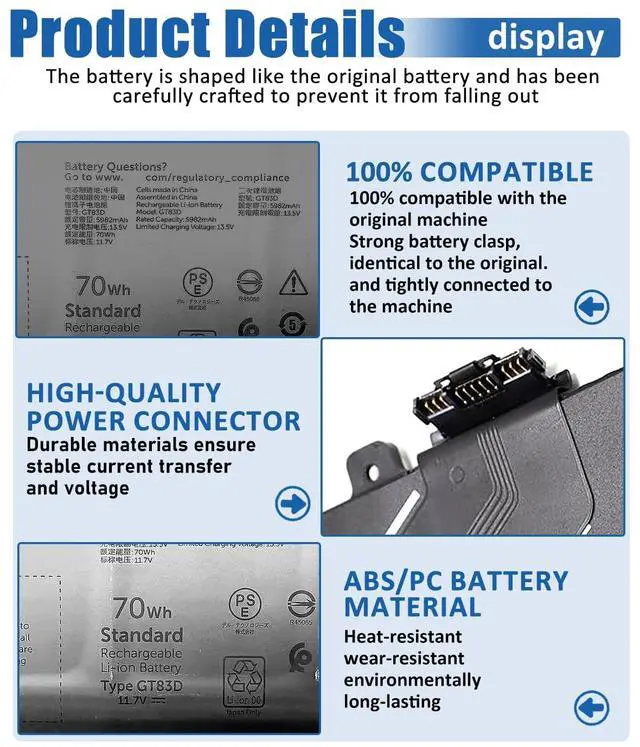 Alt view image 5 of 6 - 70Wh GT83D Battery for Dell XPS 14 9440 Laptop - Compatible with Dell Part Numbers 7T7DY & N80X2-11.7V 5982mAh Replacement Battery