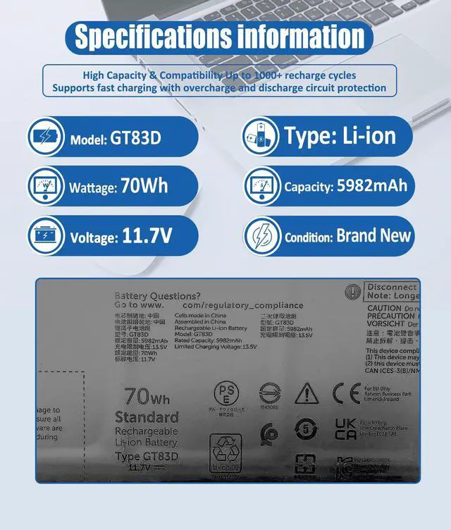 Alt view image 6 of 6 - 70Wh GT83D Battery for Dell XPS 14 9440 Laptop - Compatible with Dell Part Numbers 7T7DY & N80X2-11.7V 5982mAh Replacement Battery