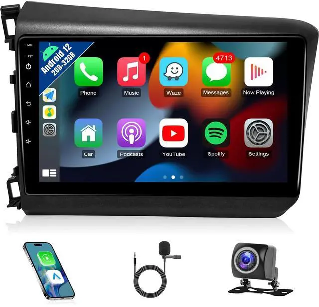 Main image of Car Radio Stereo for Honda Civic 2012 Compatible with Wireless Apple Carplay Android Auto, 9 Inch Touchscreen GPS Navigation WiFi Bluetooth Backup Camera MirrorLink Mic 2+32G
