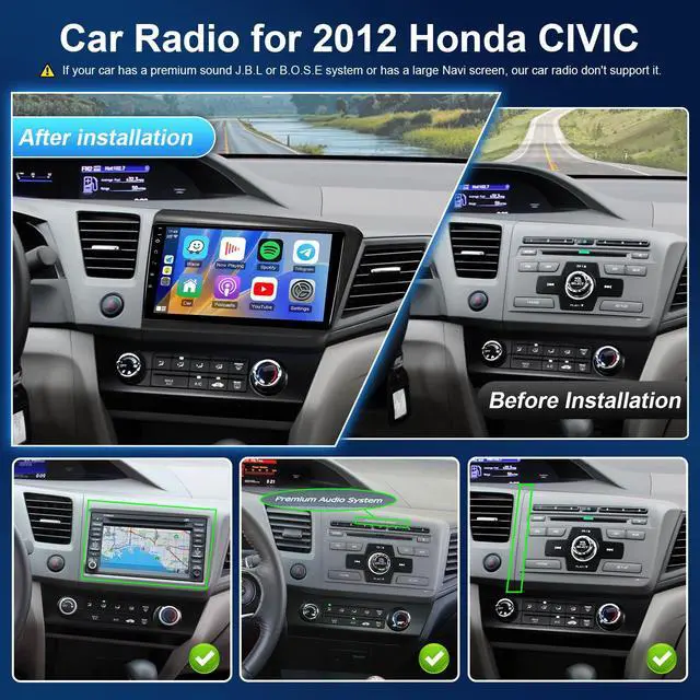 Alt view image 2 of 6 - Car Radio Stereo for Honda Civic 2012 Compatible with Wireless Apple Carplay Android Auto, 9 Inch Touchscreen GPS Navigation WiFi Bluetooth Backup Camera MirrorLink Mic 2+32G