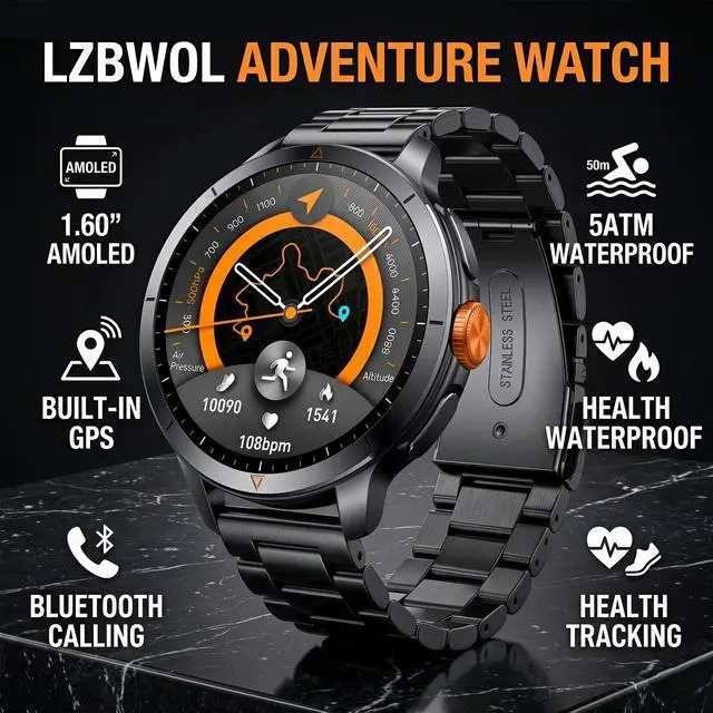 Alt view image 2 of 6 - Smart Watch for Men (Answer/Make Call), Built-in GPS, Compass, 1.60" AMOLED, 5ATM Waterproof, Heart Rate SpO2 Sleep Monitor, iPhone Android - Orange