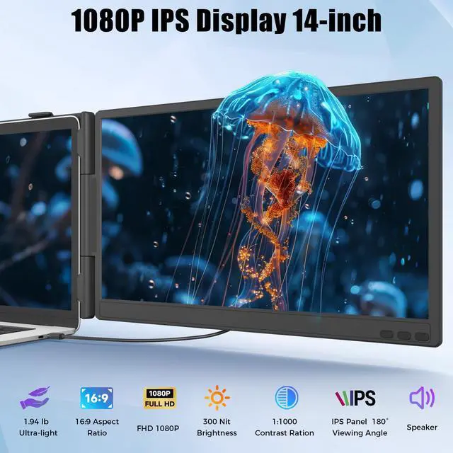 Alt view image 2 of 6 - 14" Laptop Screen Extender, Portable Monitor for Laptops 13-17.3", 1080P FHD IPS Dual Screen Monitor for Laptop with USB-C/HDMI, Screen Extender Portable Laptops with Plug&Play for Windows/Mac/Android