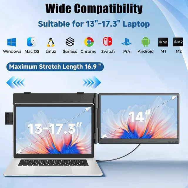 Alt view image 3 of 6 - 14" Laptop Screen Extender, Portable Monitor for Laptops 13-17.3", 1080P FHD IPS Dual Screen Monitor for Laptop with USB-C/HDMI, Screen Extender Portable Laptops with Plug&Play for Windows/Mac/Android
