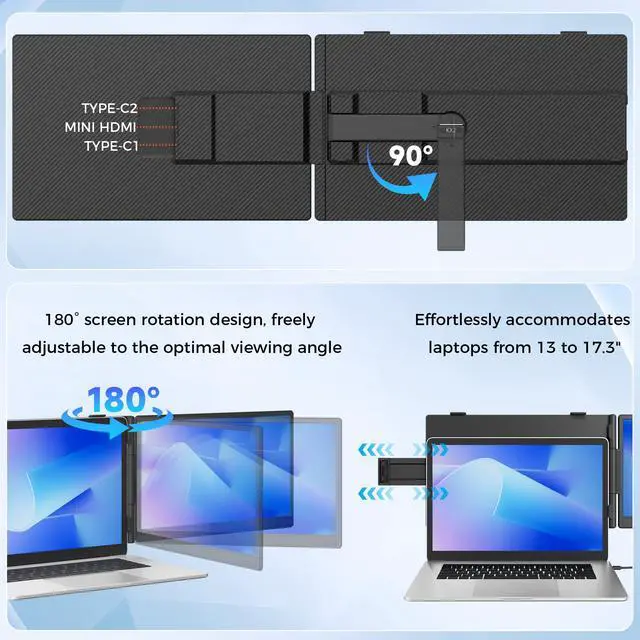 Alt view image 6 of 6 - 14" Laptop Screen Extender, Portable Monitor for Laptops 13-17.3", 1080P FHD IPS Dual Screen Monitor for Laptop with USB-C/HDMI, Screen Extender Portable Laptops with Plug&Play for Windows/Mac/Android