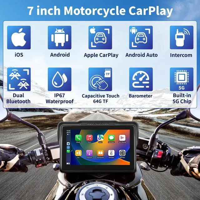 Alt view image 2 of 6 - Motorcycle CarPlay Screen 7", Waterproof GPS Display for Motorbike, Wireless CarPlay & Android Auto para Moto, Dual Bluetooth, Touchscreen, Music Sharing Siri (7" Wireless CarPlay) (Dual Mount)