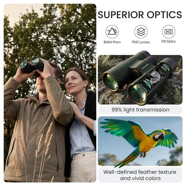 Alt view image 2 of 6 - 12x42 Binoculars for Adults High Powered - Nitrogen-Purged IPX7 Waterproof HD Binoculars for Bird Watching and Hunting with BAK4 Prism Long Range Binocular Green