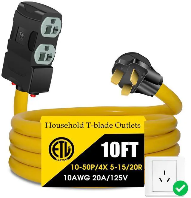 Main image of 50Amp to 20Amp 110V Adapter, Compatible with NEMA 10-50P to 4X 5-20R/15R with 20 Amp Circuit Breaker, 220/250V Electrical Stove/Range/Oven Male Plug Gas 110/125V Power Convert Adapter(10 FT)