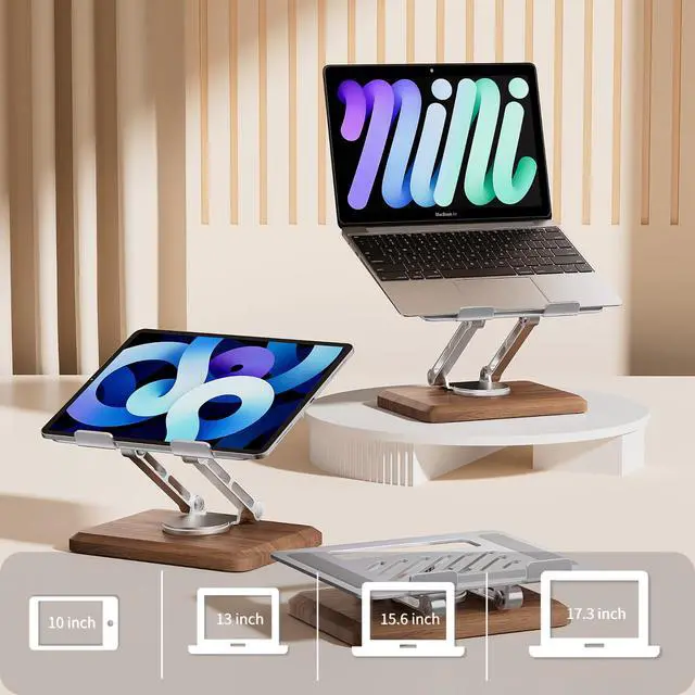 Alt view image 2 of 6 - Laptop Stand for Desk, Laptop Riser with 360 Rotating Walnut Base, Adjustable Laptop Stand, Ergonomic Wooden Laptop Ventilated Stand for 10 to 17.3 Inches Notebook PC Computer